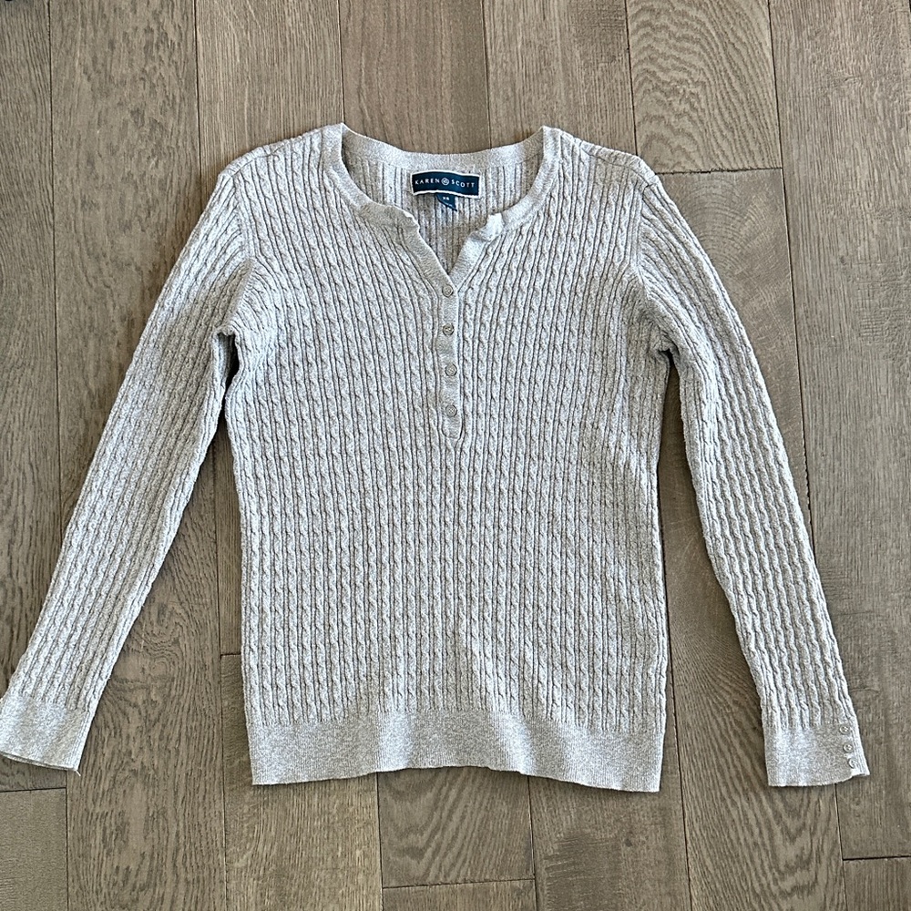 Karen Scott Light Gray Buttoned Sweater Cable Knit